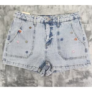 NEW Banjara Shorts Womens 7/27 Blue‎ Embroidered Flowers High Rise Light Wash